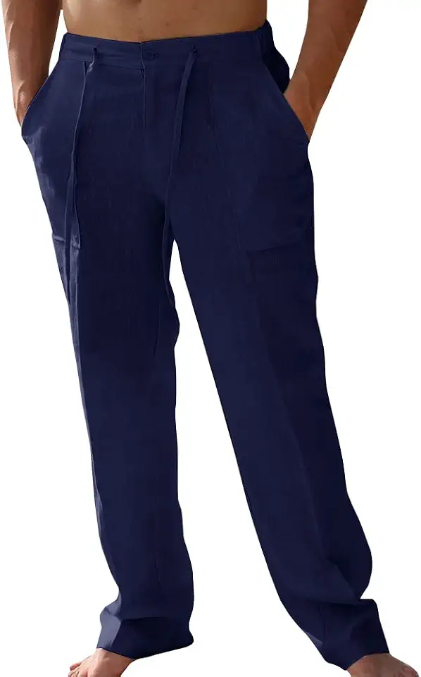 Men's Navy Blue Linen Drawstring Pants