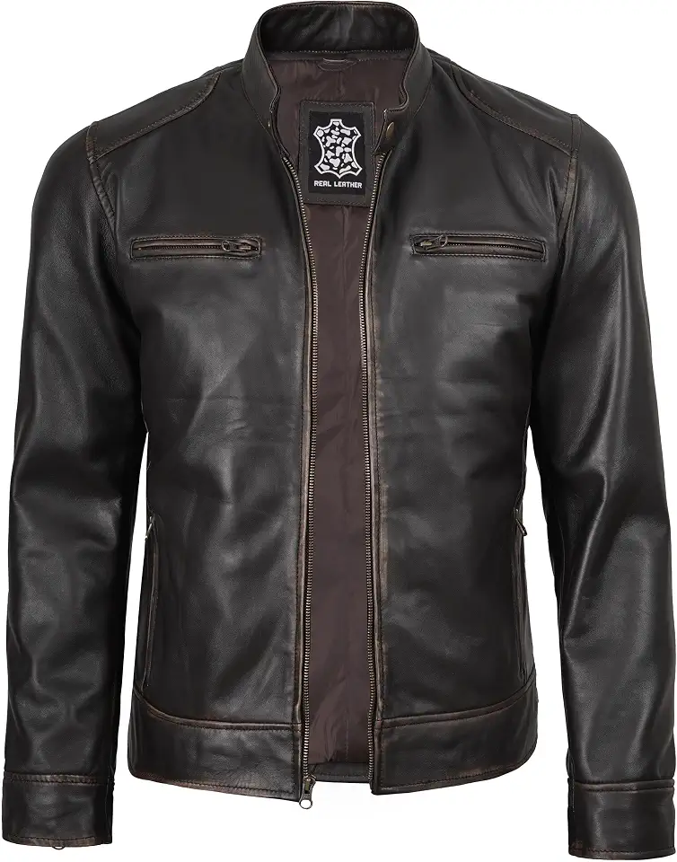 Decrum Cafe Racer Real Lambskin Leather Jackets For Men Motorcycle Style