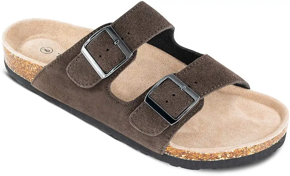 TF STAR Men’s Cow Suede Leather Slide Sandals,2-Strap Adjustable Buckle,Casual Slippers, Slide Cork Footbed shoes