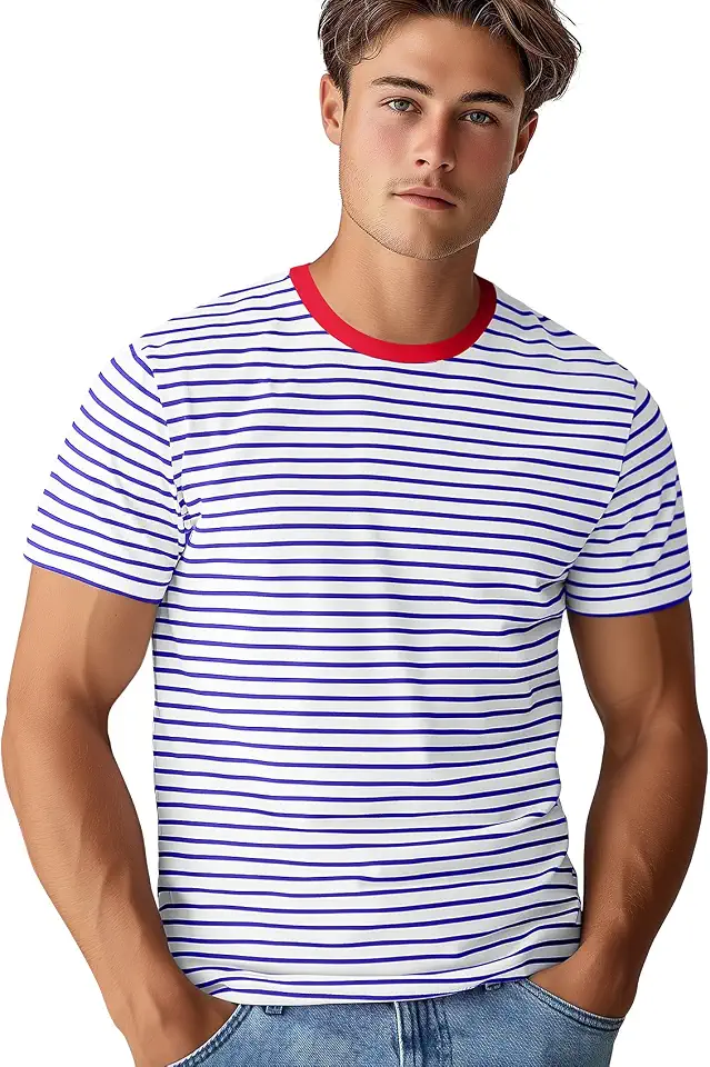 Zengjo Mens Striped T Shirt Long/Short Sleeve Cotton Stretch Crewneck