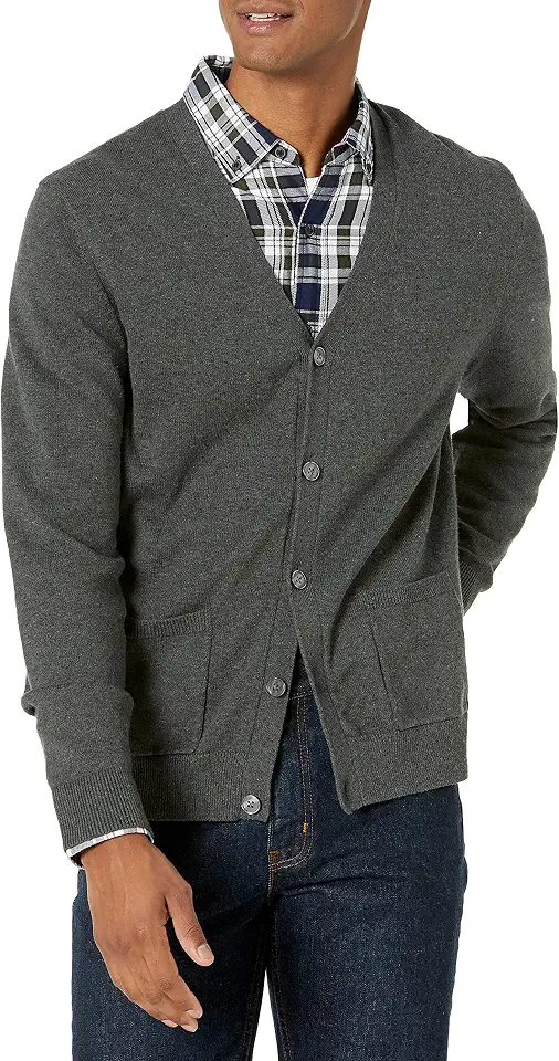 Amazon Essentials Men's V-Neck Cotton Knitted Cardigan Sweater, Ribbed