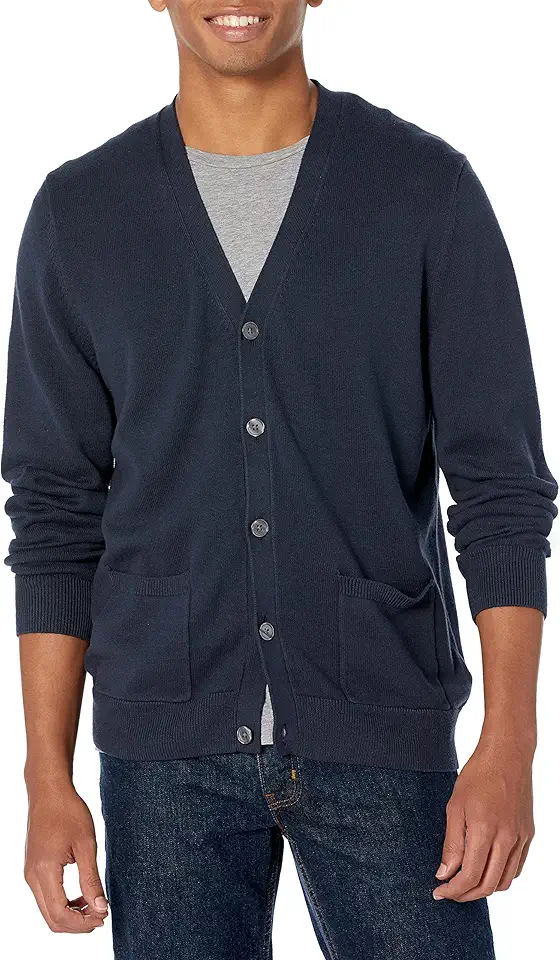 Amazon Essentials Men's V-Neck Cotton Knitted Cardigan Sweater, Ribbed