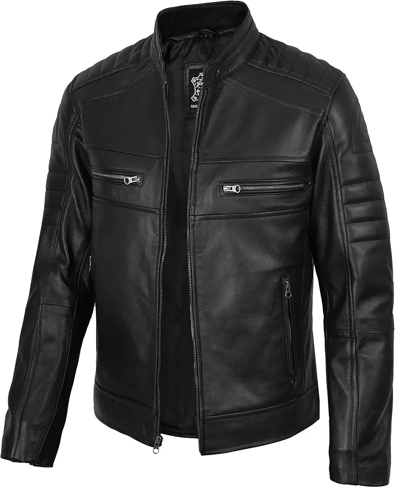 fjackets Cafe Racer Leather Jacket Men - Real Lambskin Moto Style, Stand Collar Zip-Up Leather Jacket for Men