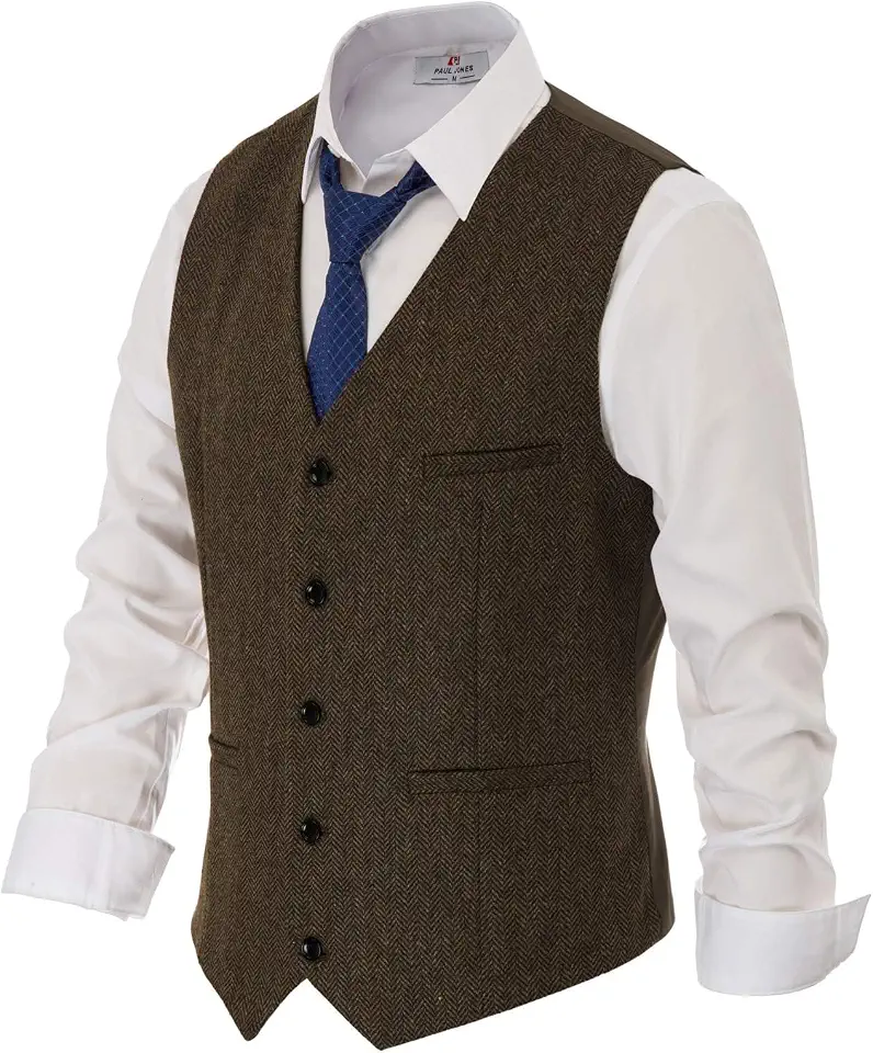 PJ PAUL JONES Mens Tweed Suit Vest Vintage Herringbone Wool Blend Waistcoat