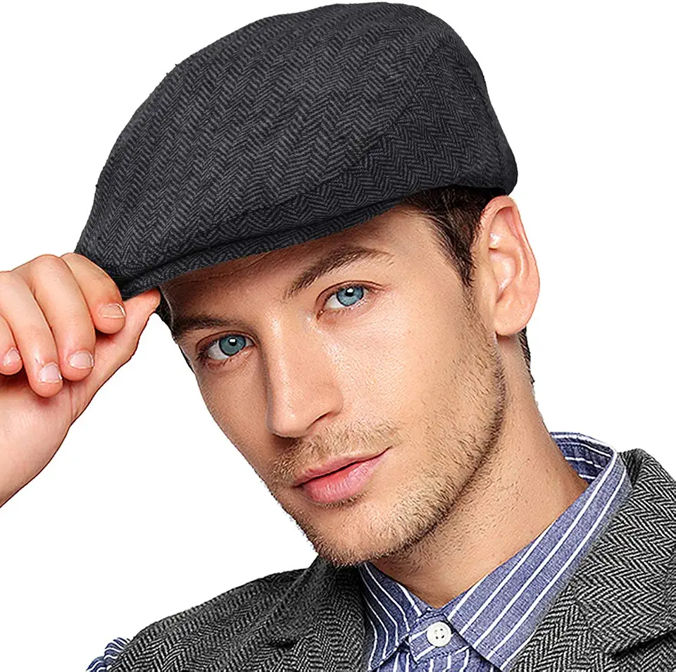 Herringbone Flat Ivy Newsboy Cap for Men 1920s Wool Blend Tweed Cabbie Hat