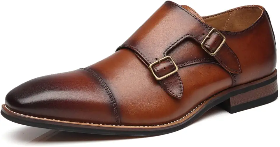 La Milano Mens Double Monk Strap Slip on Loafer Cap Toe Leather Oxford Formal Business Casual Comfortable Dress Shoes for Men