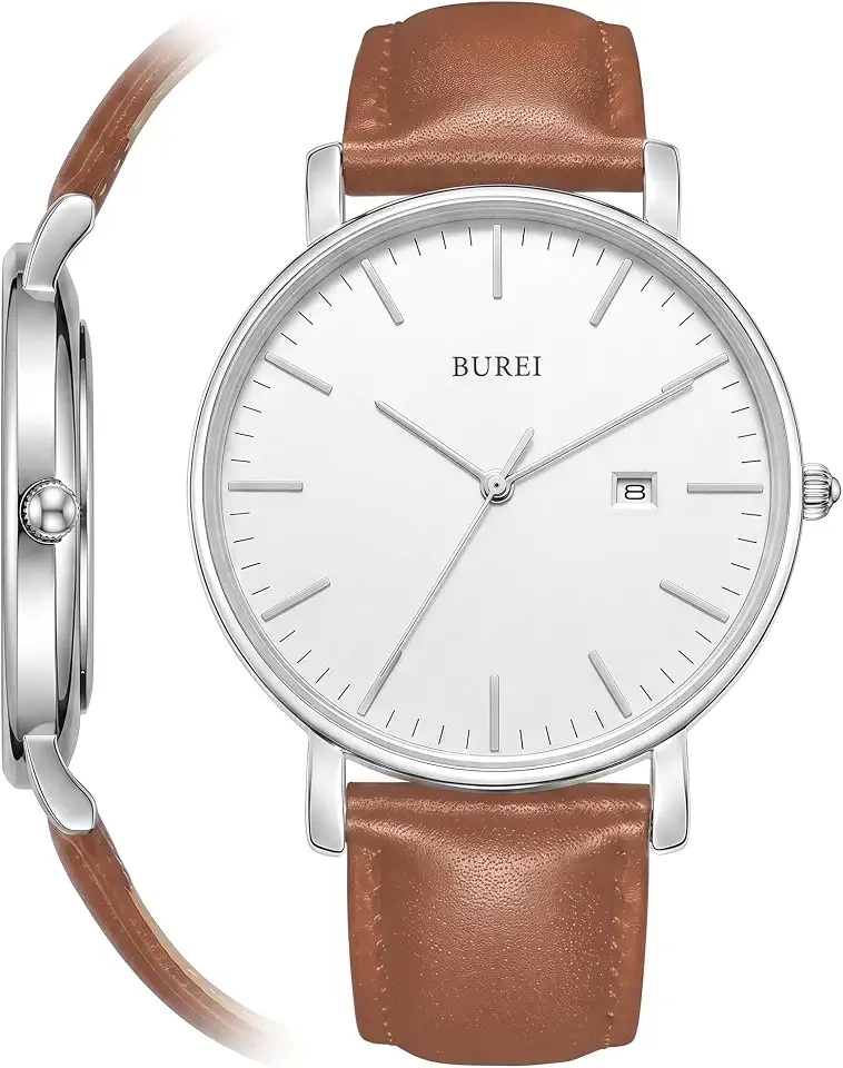 BUREI Ultra Thin Minimalist Men Watches, Leather or Stainless Steel Mesh Band, Analog Waterproof Casual Business Wristwatch, Gift for Father