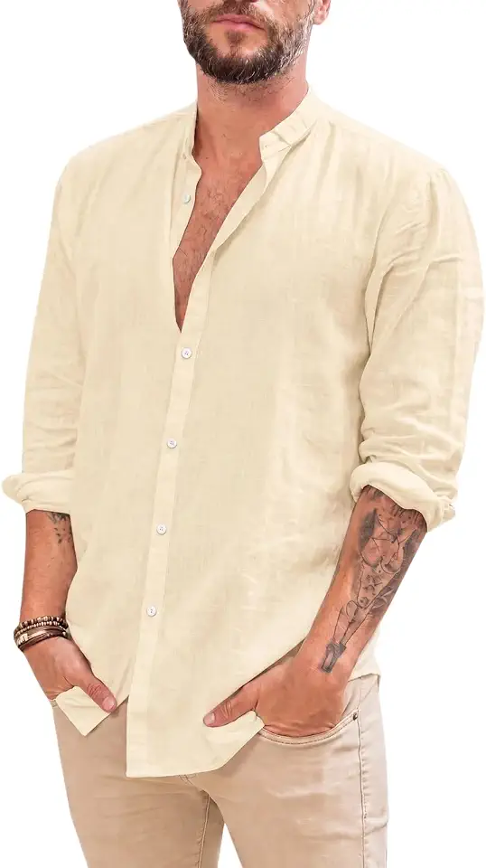 Makkrom Men Linen Shirt Button Down Long Sleeve Cotton Beach Band Collar Casual Summer Shirts