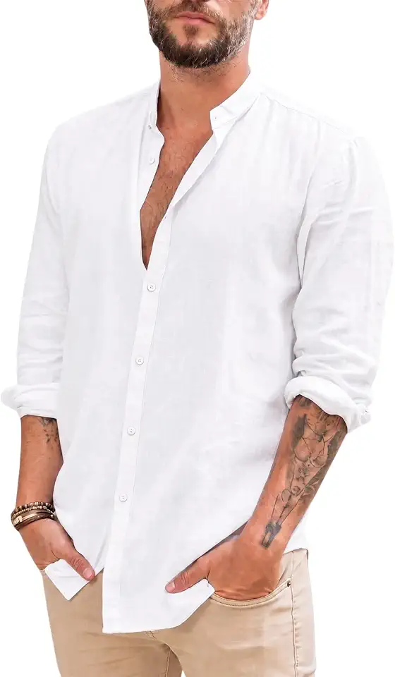 Makkrom Men Linen Shirt Button Down Long Sleeve Cotton Beach Band Collar Casual Summer Shirts