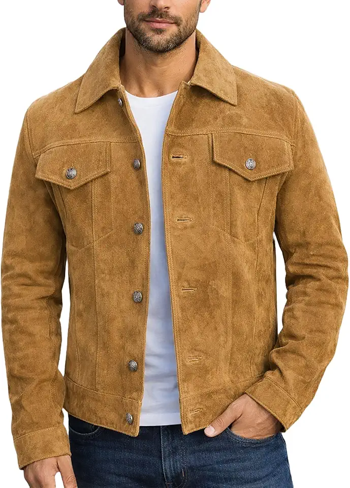 LP-FACON Mens Trucker Suede Leather Jacket - Western Style Cowboy Jacket Collection