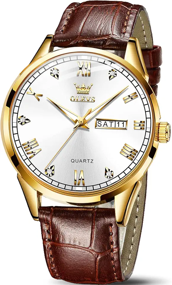 OLEVS Brown Mens Leather Watch Dress Casual Day Date Quartz Wrist Watch