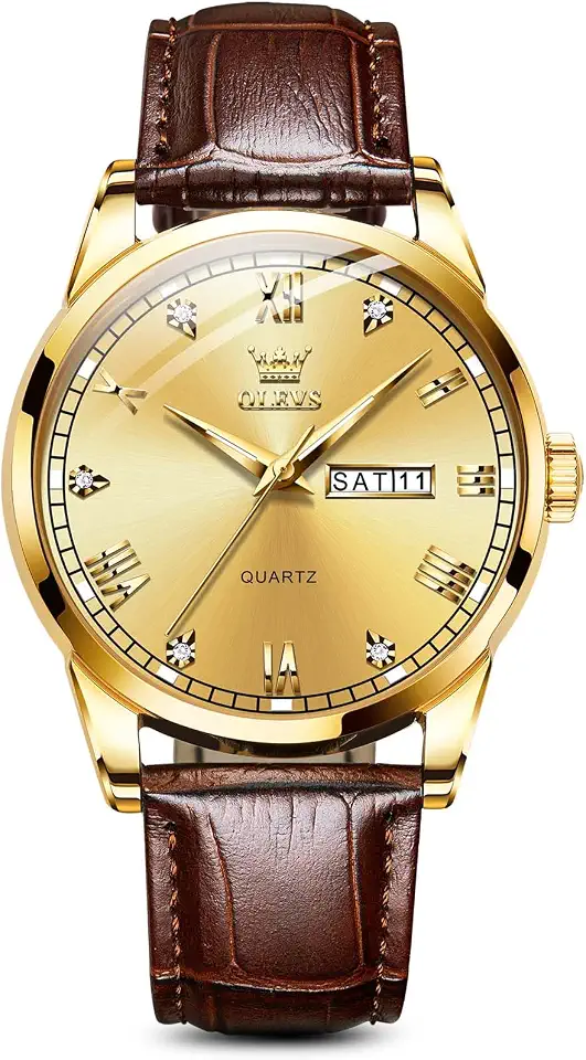 OLEVS Brown Mens Leather Watch Dress Casual Day Date Quartz Wrist Watch