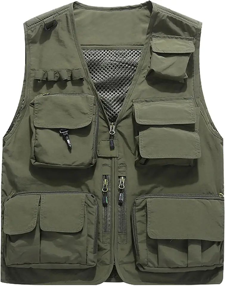 Flygo Men's Casual Lightweight Outdoor Fishing Work Safari Travel Photo Cargo Vest Jacket Multi Pockets