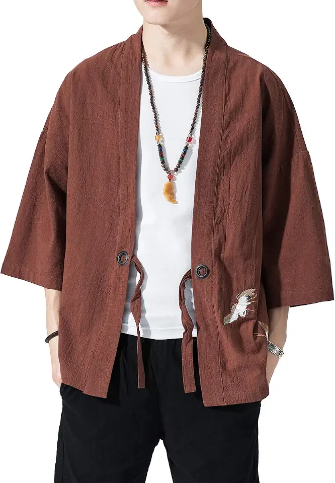 Mens Kimono Cardigan Cotton Linen Japanese Kimono Jacket 3/4 Sleeve Haori