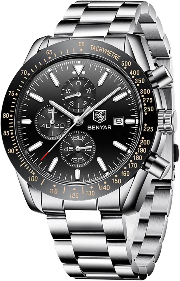 BENYAR Watches for Men, Analog Quartz Movement Chronograph Wrist Watch, Leather/Stainless Steel/Silicone Strap, Business Sports Casual Dress Watch, Waterproof Scratch Resistant, Elegant Gifts for Men