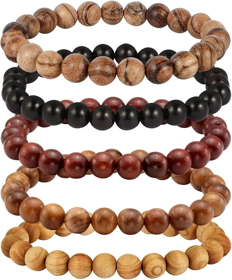 MILAKOO 5Pcs Natural Wood Bracelets with Hematite Stone Cross Religious Tibetan Buddhist Christian Style