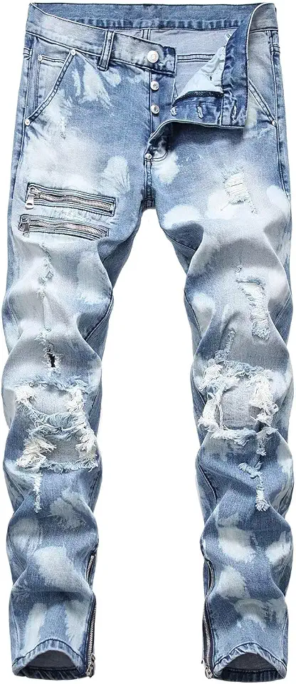 HENGAO Men's Ripped Jeans Slim Fit Stretch Straight Fit Denim Pants