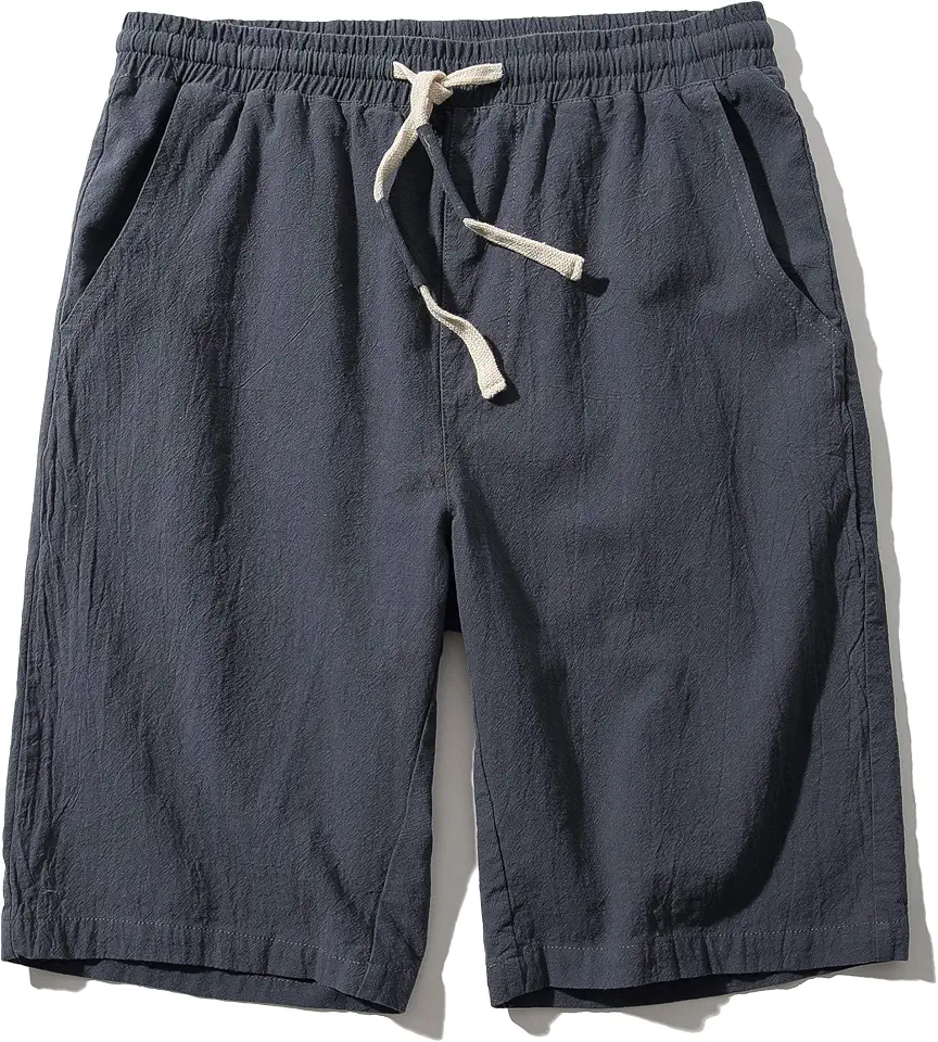 SIR7 Men's Linen Casual Classic Fit 11 Inch Inseam Elastic Waist Shorts with Drawstring