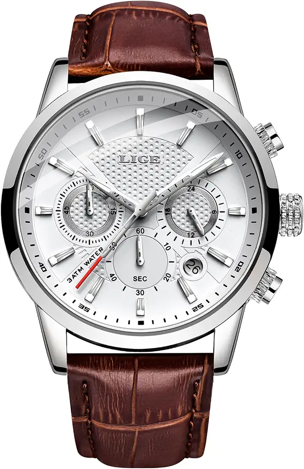 LIGE Wrist Leather Watches for Men Analog Dress Chronograph Waterproof Vintage Work Casual Quartz with Date Display Chronograph Luminous 30M Water Resistant Business Classic Mens Watch
