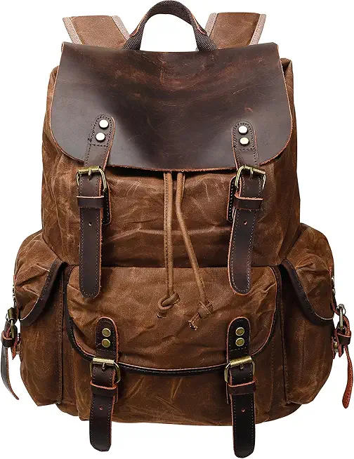 HuaChen Vintage Waxed Canvas Backpack with Genuine Leather Flap, Travel & Work Rucksack, Water-Resistant Daypack with Anti-Theft Pocket, Large (15.6"), M80 Brown