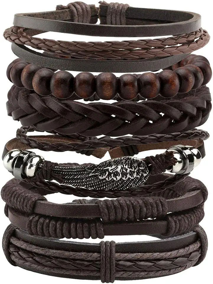 6-12PCS Braided Faux Leather Bracelet Punk Cuff Wrap Bracelets for Men Women Adjustable