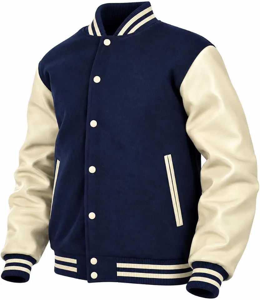 Deckra Men's Varsity Jacket Genuine Leather Sleeve and Wool Blend Letterman Boys College Varsity Jackets XS-5XL