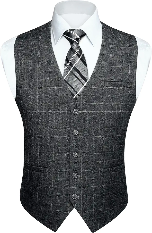 HISDERN Men's Suit Vest Plaid Dress Vest for Men Slim Fit Formal Business Waistcoat Tuxedo V-Neck Solid Vest for Wedding