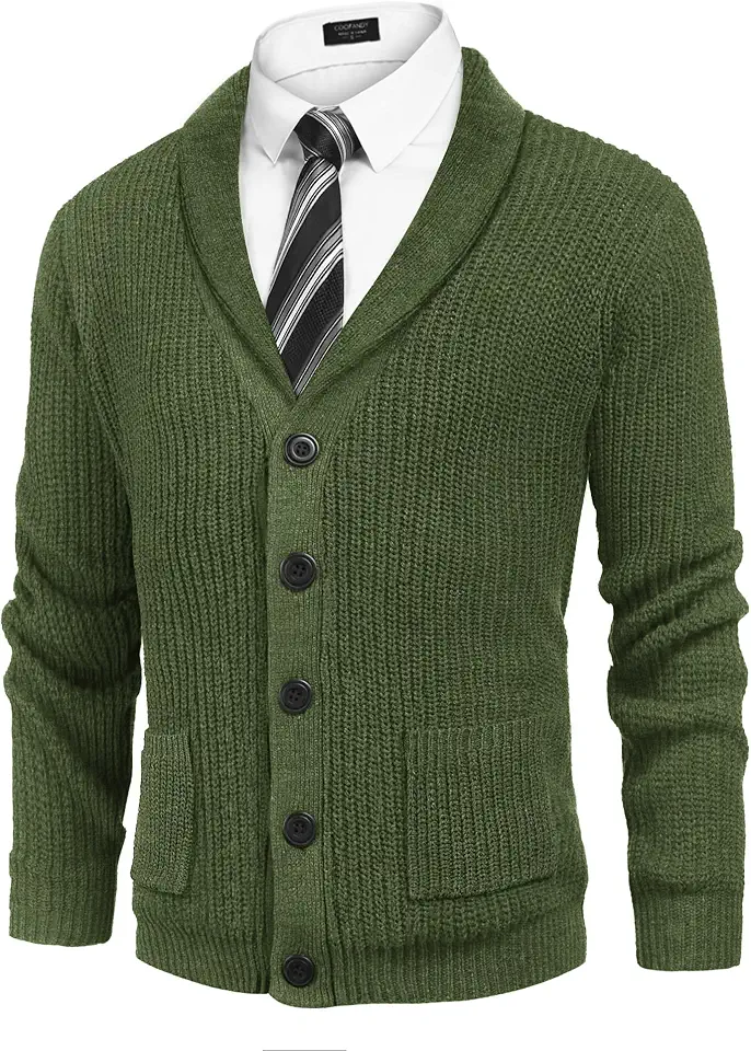 COOFANDY Men's Shawl Collar Cardigan Sweater Slim Fit Cable Knit Button up Sweater with Pockets