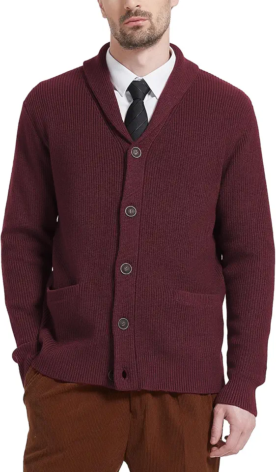 Global Recycled Standard Kallspin Men's Wool Blend Shawl Collar Cardigan Sweater Button Down Knitwear with Pockets