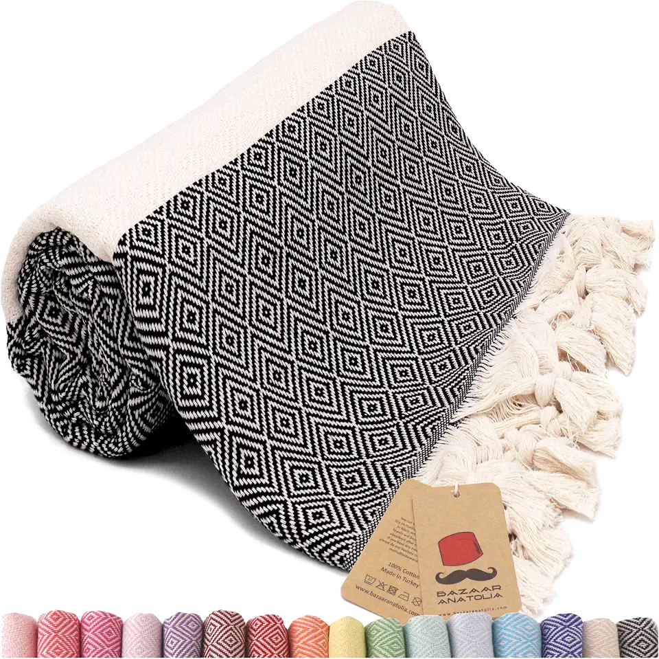 Bazaar Anatolia Turkish Beach Towel, 100% Cotton, 71x39 in, Diamond Black