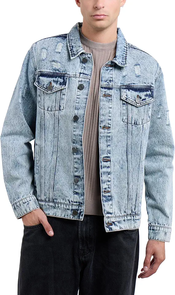 X RAY Mens Denim Jacket, Washed Ripped Distressed Flex Stretch Casual Trucker Biker Jeans Jacket for Men