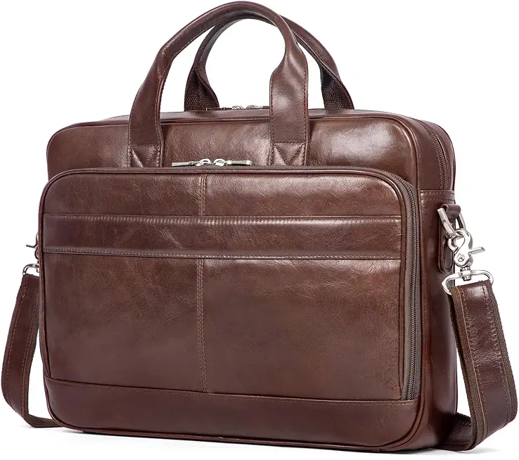 Augus Leather Briefcase for Men, 16 Inch, Full-Grain Leather, YKK Zipper