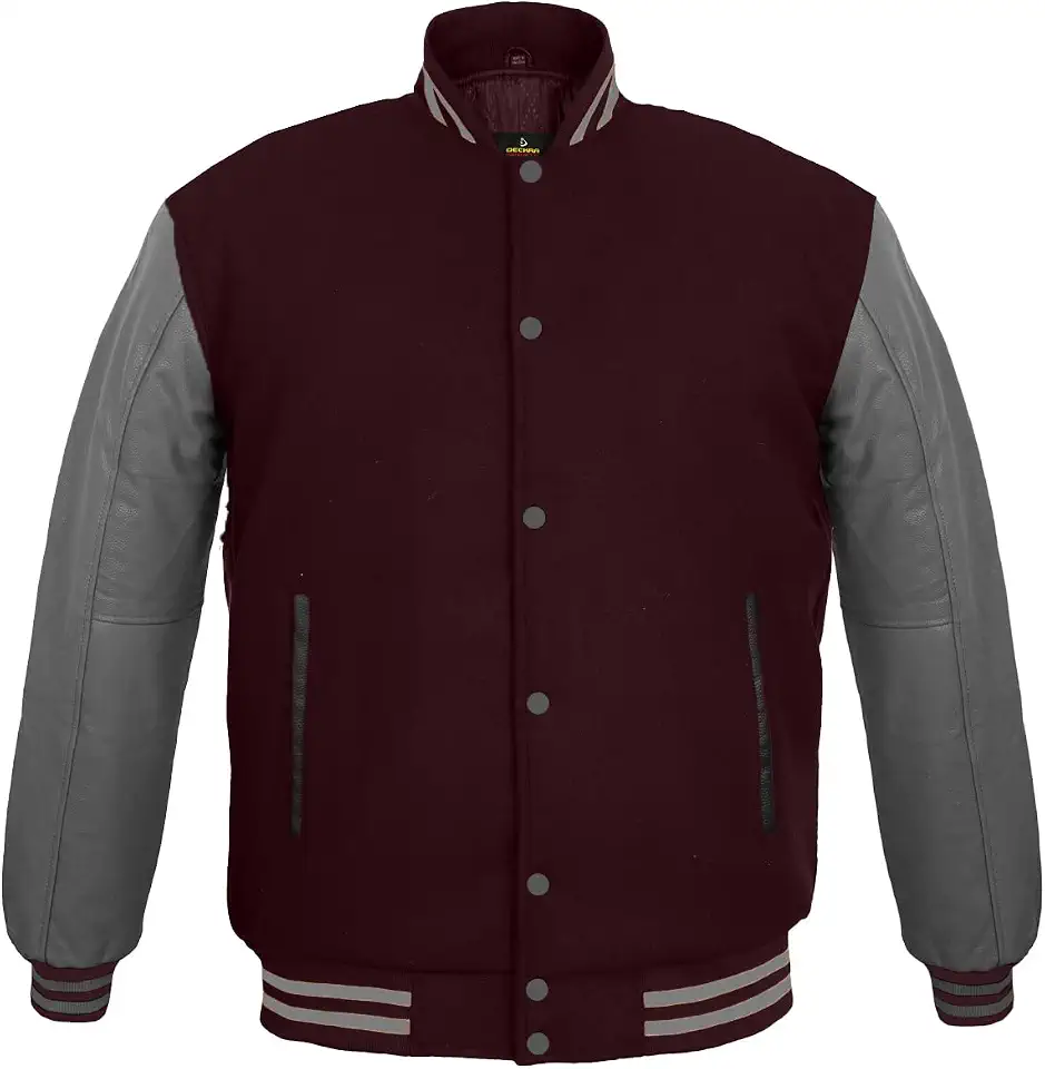 Deckra Men's Varsity Jacket Genuine Leather Sleeve and Wool Blend Letterman Boys College Varsity Jackets XXS-5XL