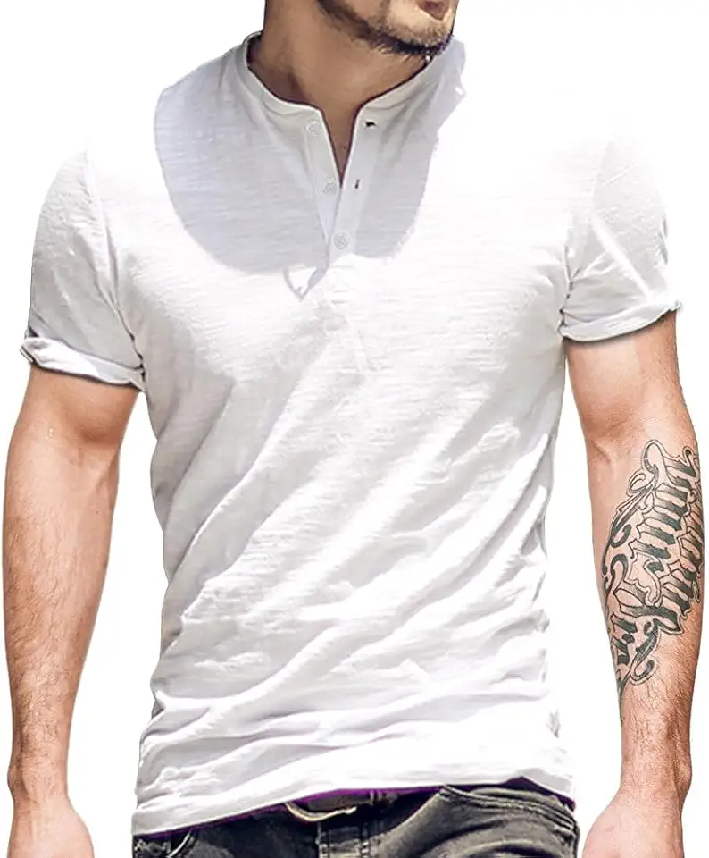palglg Mens Cotton Muscle Slim Fitted Sport Henley T-Shirt with Button