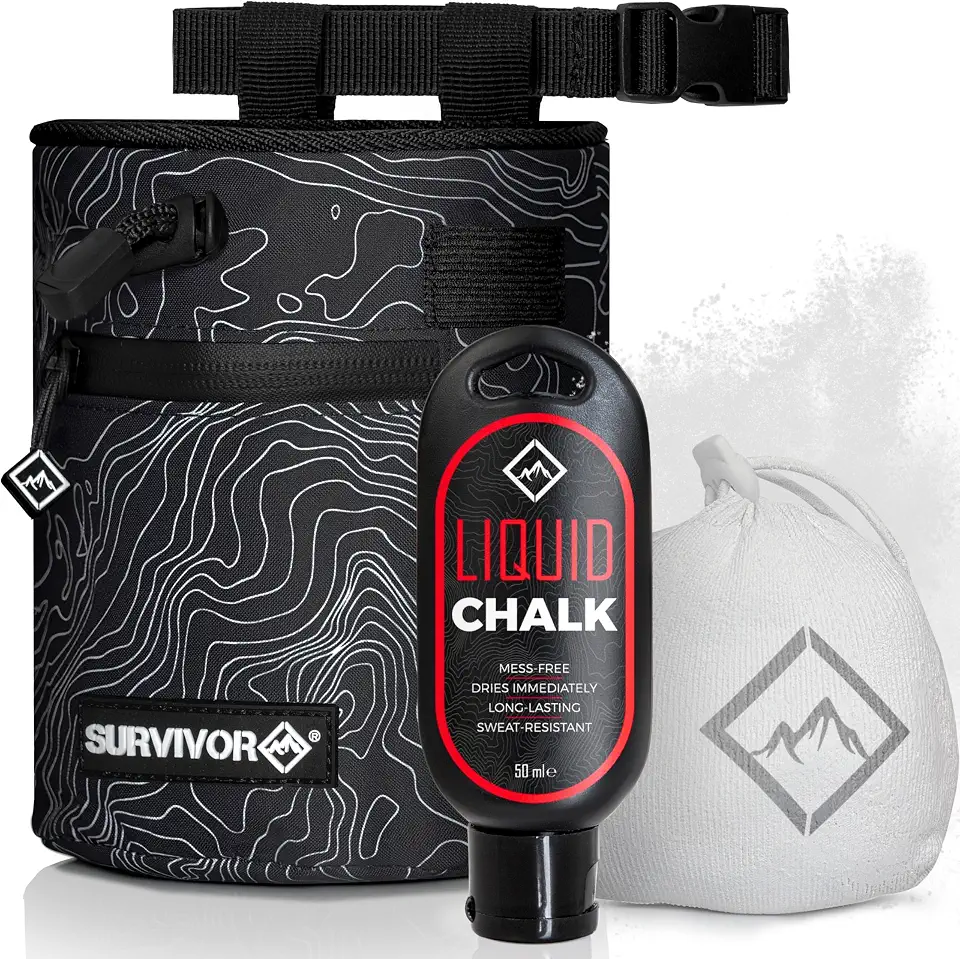 SURVIVOR Chalk Bag + Chalk Ball + Liquid Chalk, Drawstring Closure, Pockets