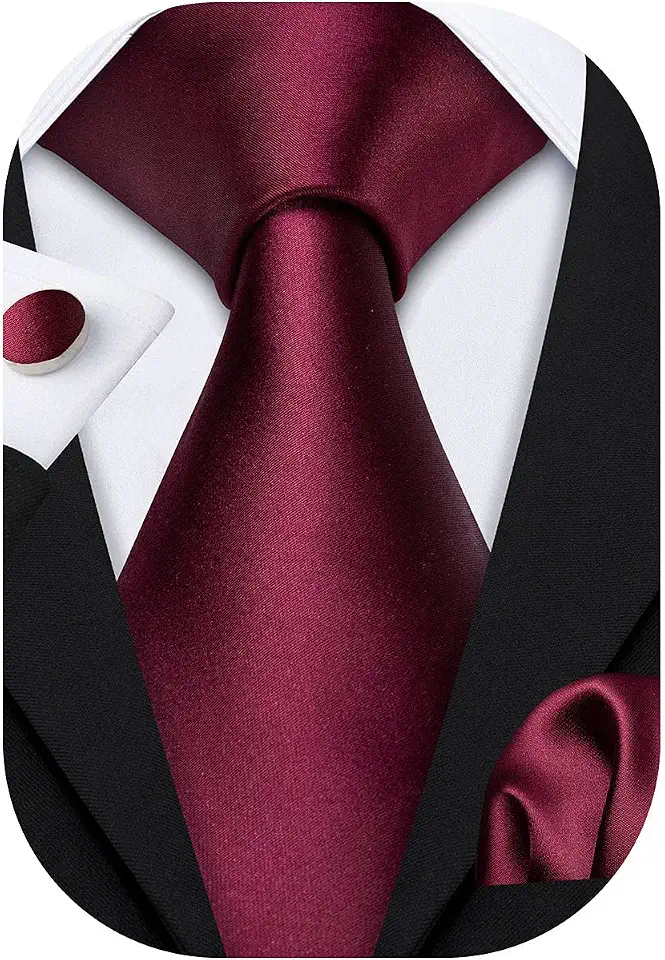 Barry.Wang Plain Men Silk Ties Long Satin Necktie Handkerchief Cufflinks