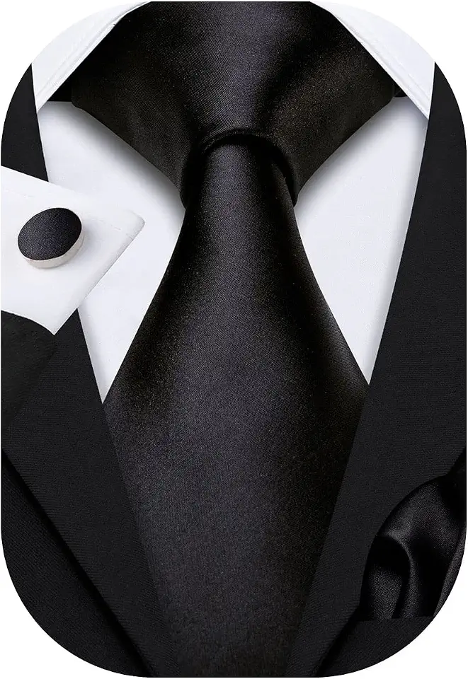 Barry.Wang Plain Men Silk Ties Long Satin Necktie Handkerchief Cufflinks