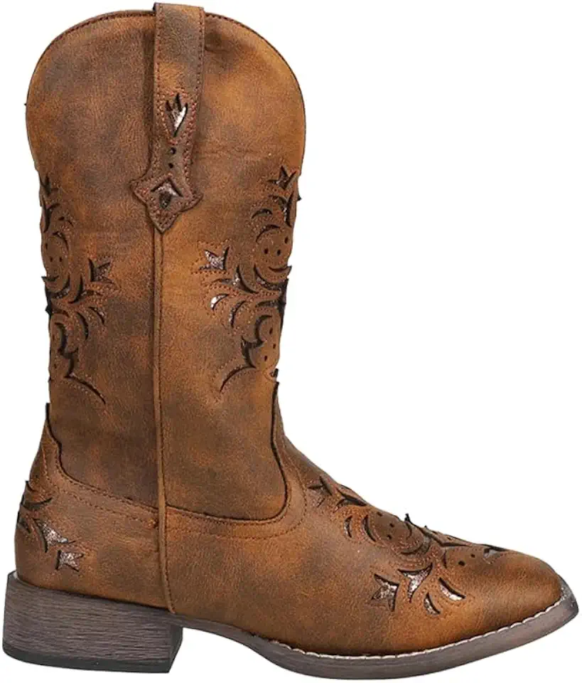 ROPER Womens Kennedy Glitter Tooled Inlay Square Toe Pull On Casual Boots Mid Calf Low Heel 1-2"