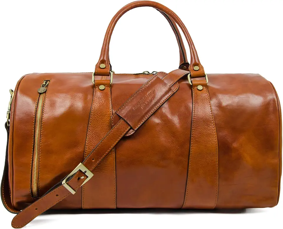 Time Resistance Leather Duffel Bag - Large Weekend Gym Travel Bag (Cognac Brown)