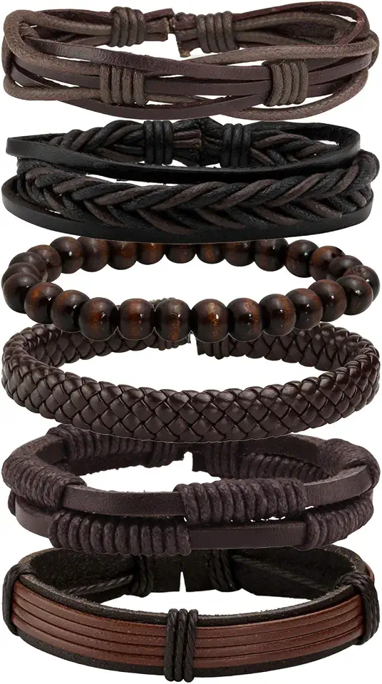 6 Pcs Punk Braided Leather Bracelets for Men Women Cuff Wrap Wristbands Adjustable