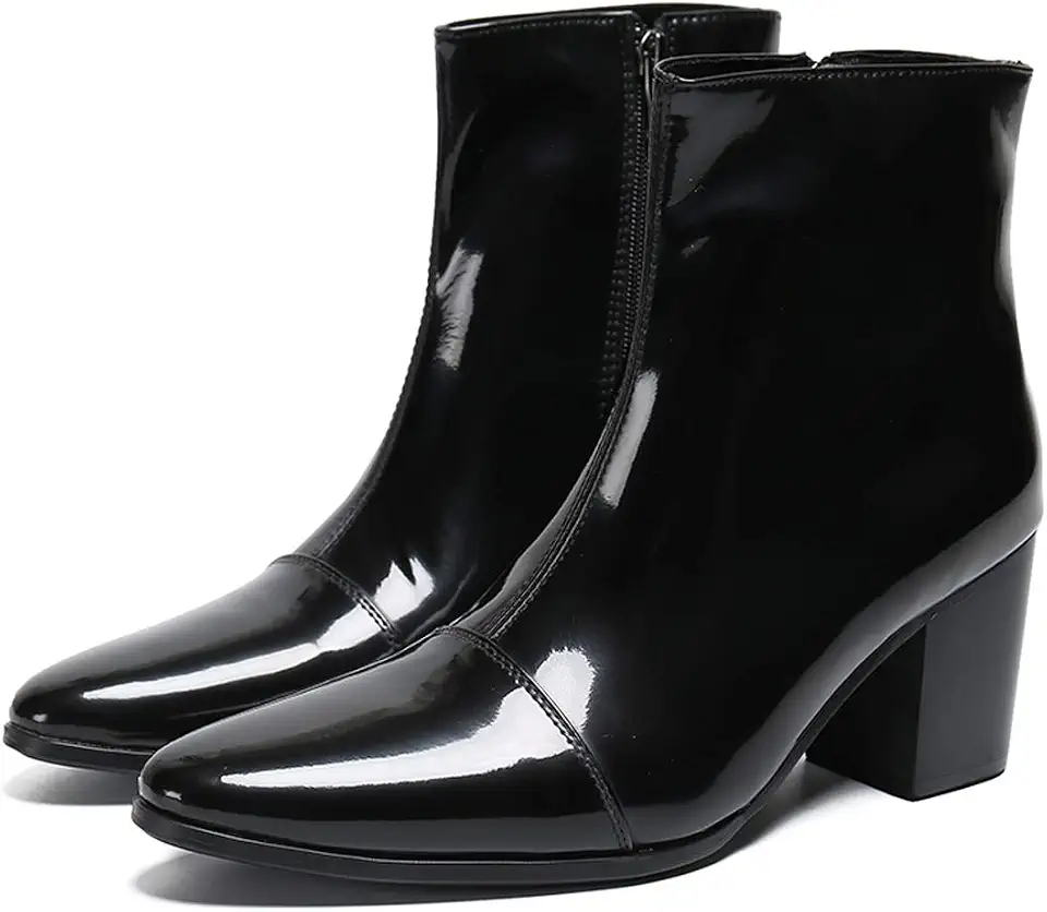 Mens Boots Casual Patent Leather Chelsea Dress Boots Zipper on Side Mid Calf Boots for Men