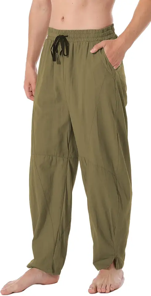 perdontoo Men's Linen Cotton Loose Fit Casual Lightweight Elastic Waist Summer Beach Pants