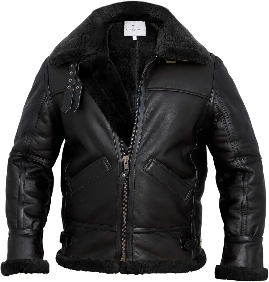 Men B3 Bomber Jacket Aviator Real Shearling B3 Bomber Sheepskin Jacket Winter Black