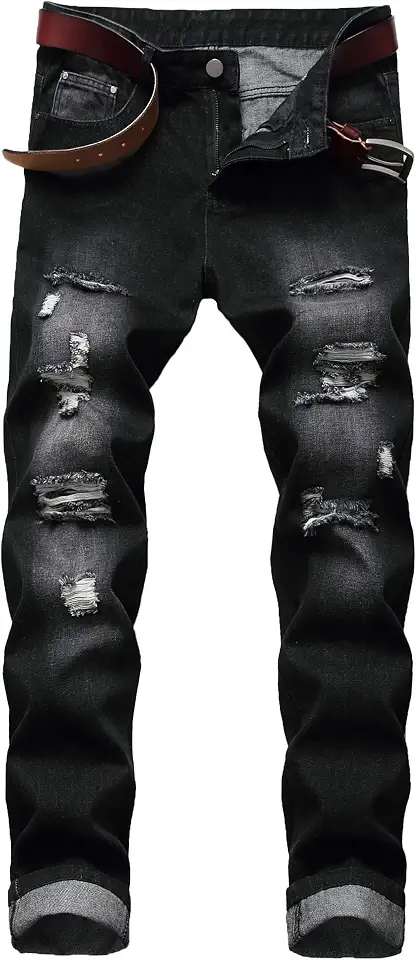 DANT BULUN Men's Ripped Distressed Destroyed Slim Fit Straight Leg Denim Jeans