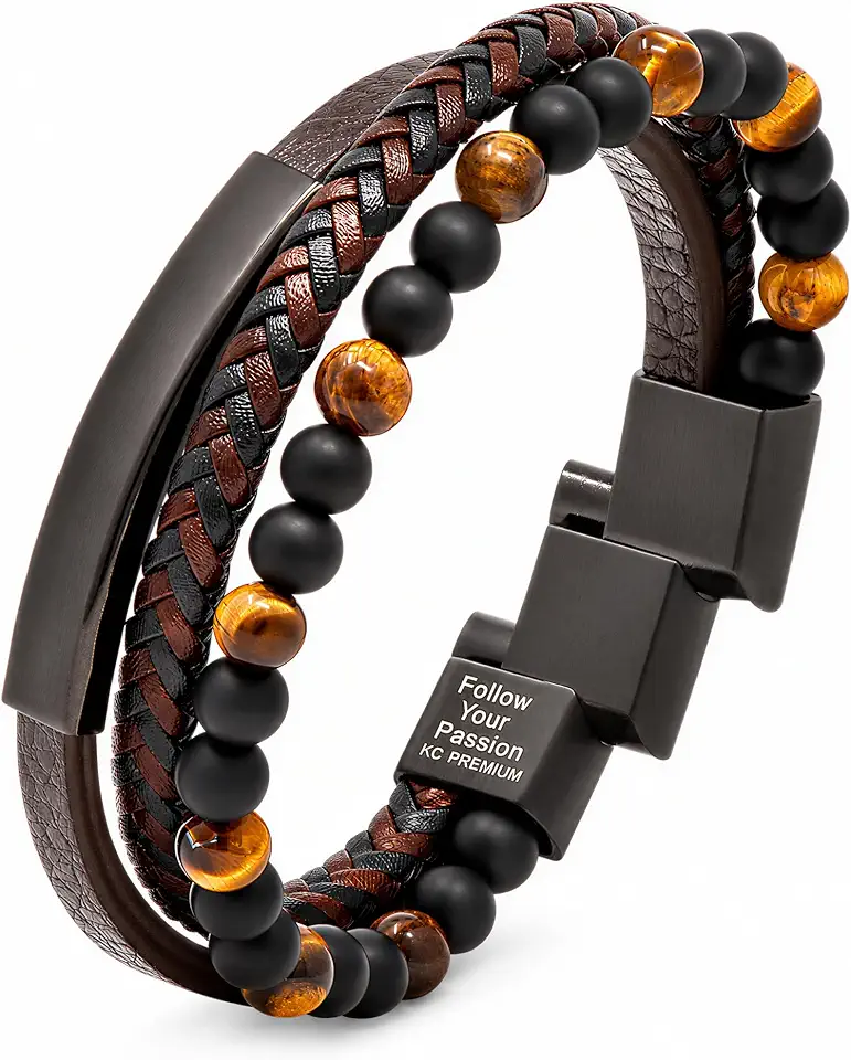 Premium Men’s Bracelet | Leather Bracelet for Men | Beaded Bracelets Black Onyx & Tiger-Eye Beads | Brown Leather Jewelry with Adjustable Stainless-Steel Clasp | Gift Dad Husband Son Boyfriend