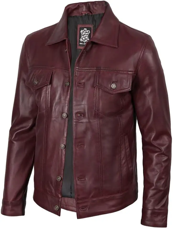 Trucker Leather Jacket Men - Vintage Style Real Lambskin Leather Jackets for Men with Button Closure