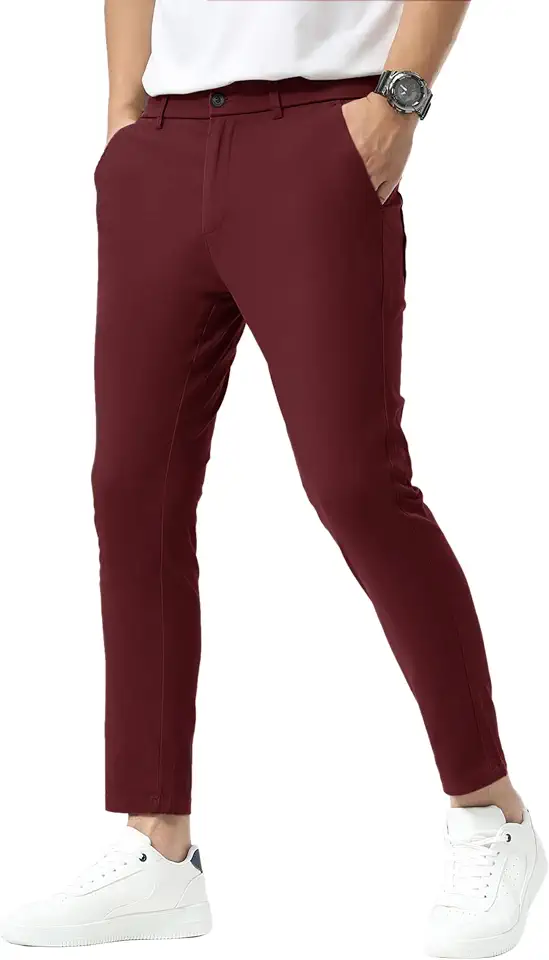 Plaid&Plain Men's Khaki Pants Slim Fit Stretch Cropped Chino Skinny Pants