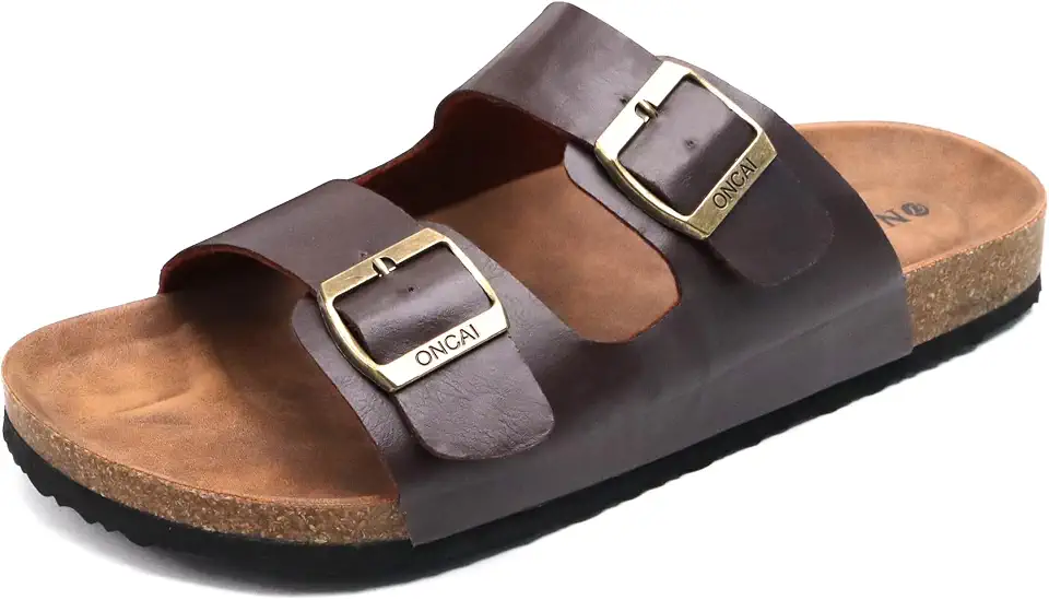 ONCAI Mens Sandals,Beach Slides Cork Footbed Slippers with Adjustable Buckle Straps Size 7-13