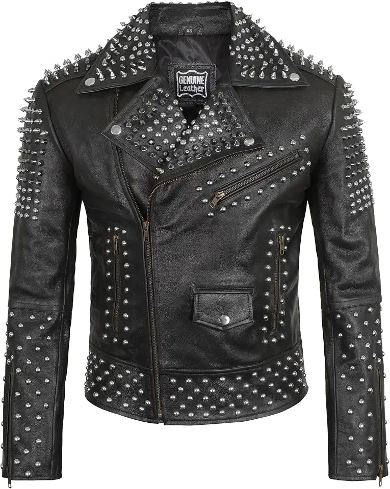 Men's Studded Cowhide Leather Biker Jacket - Punk Rock Spiked Brando Coat