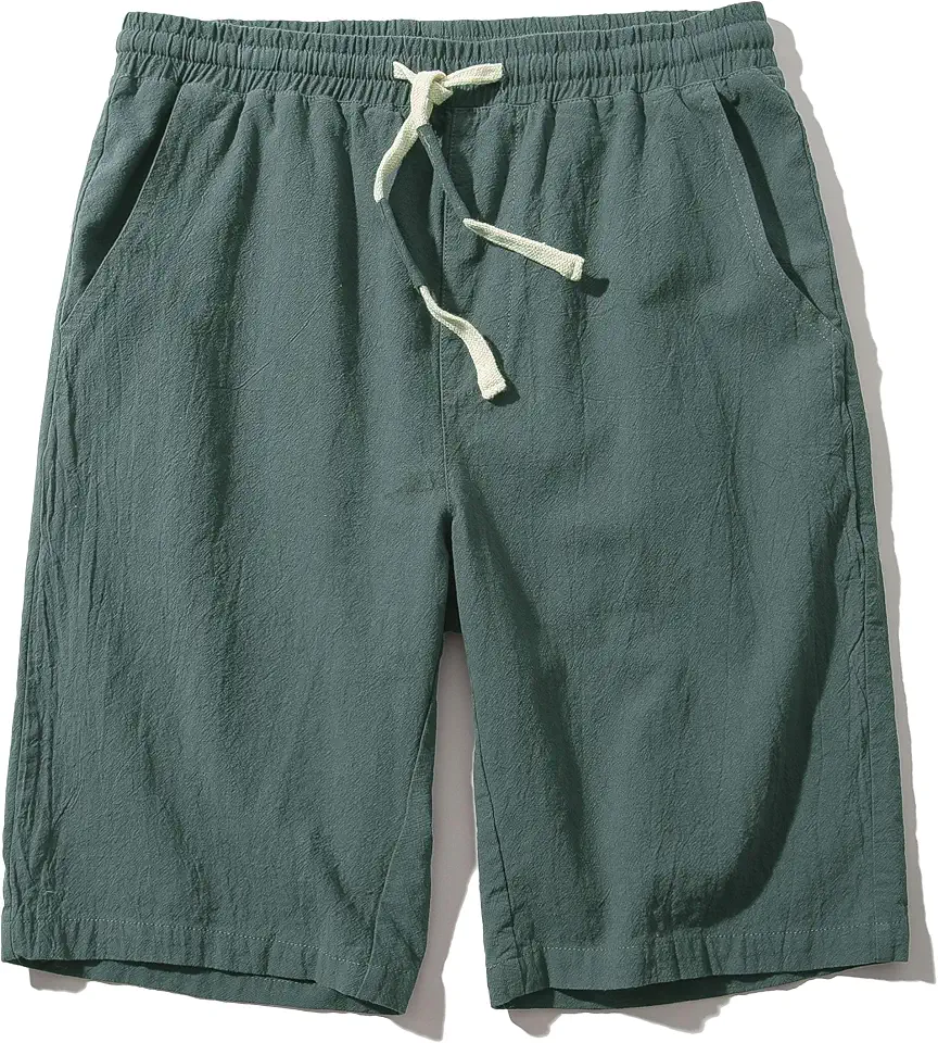 SIR7 Men's Linen Casual Classic Fit 11 Inch Inseam Elastic Waist Shorts with Drawstring